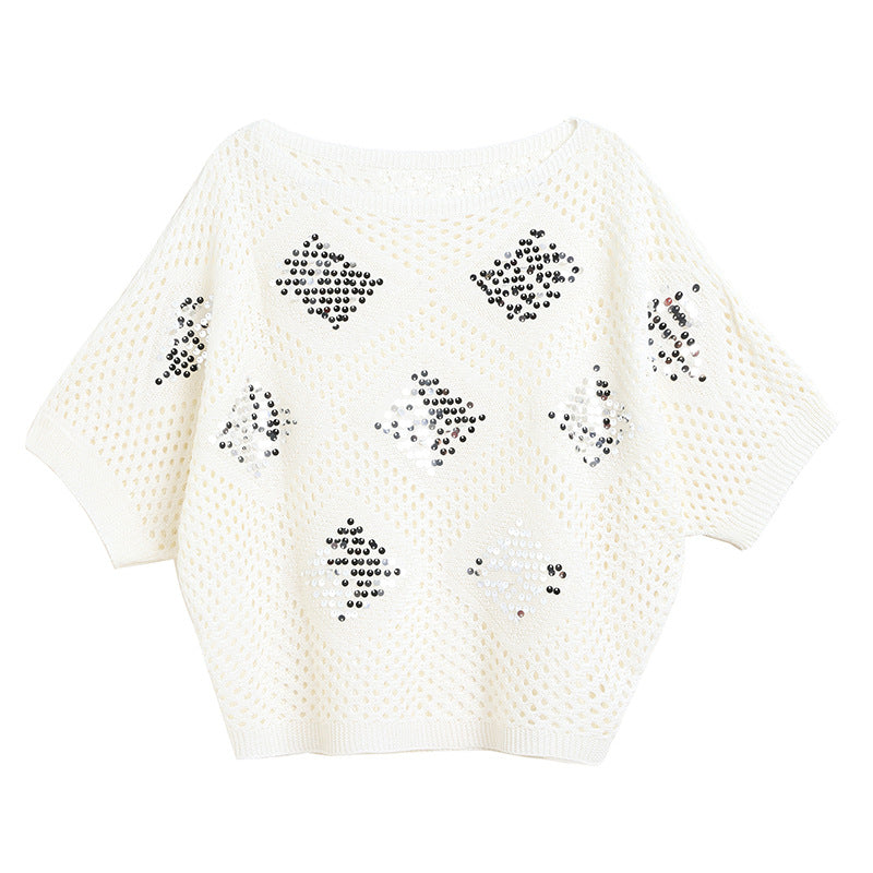 Bat sleeve T-shirt with hollowed out sequin top