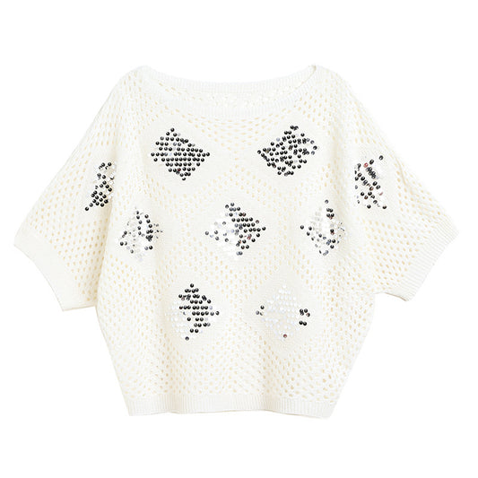 Bat sleeve T-shirt with hollowed out sequin top