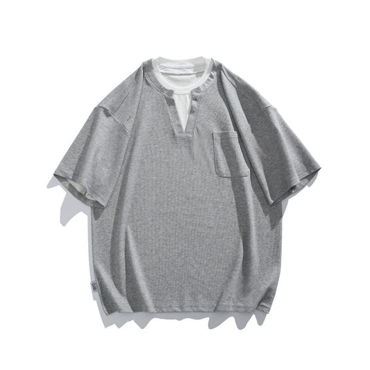 Double collar contrasting fake two piece short sleeved T-shirt