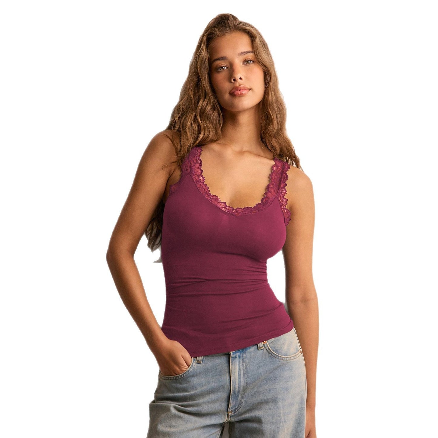 Lace Trimmed U-Neck Sleeveless Solid Color Tank Top
