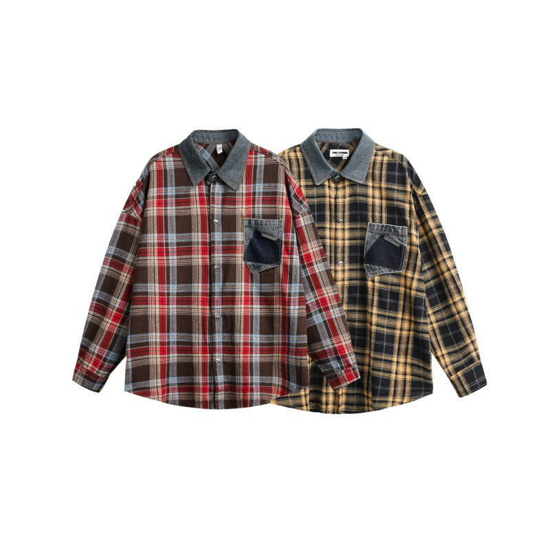 Checkered patchwork long sleeved men's and women's checkered shirt