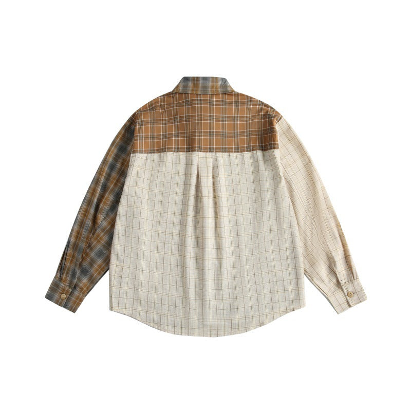 Checkered patchwork shirt men's loose long sleeved shirt