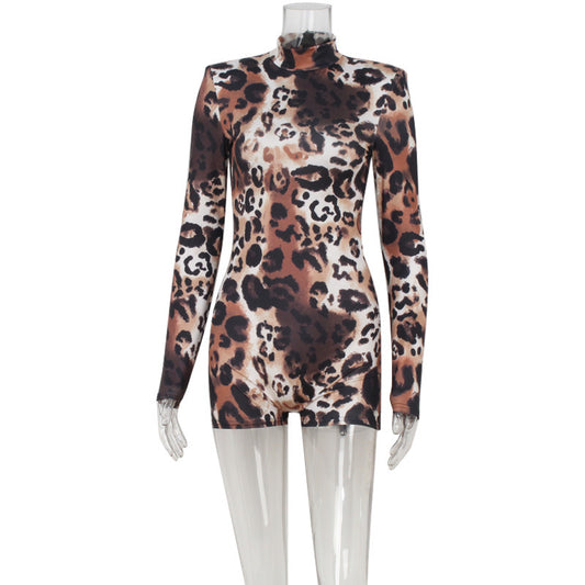 Classic leopard print long sleeved slim fitting jumpsuit shorts