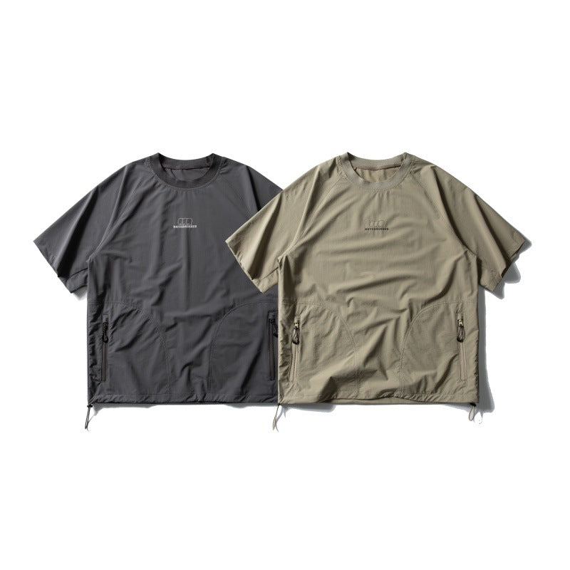 Zipper pocket breathable quick drying loose sports short sleeved shirt