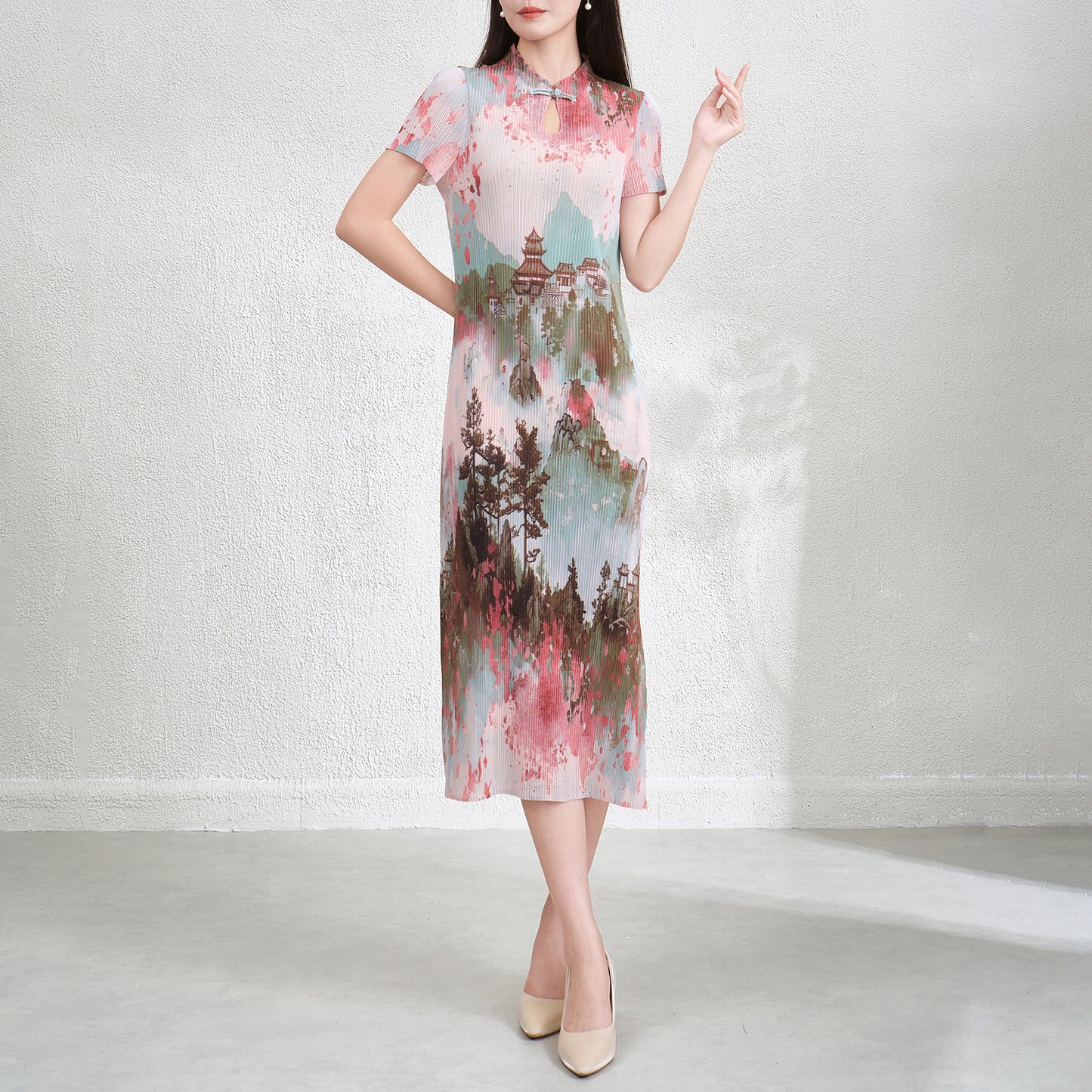 Wrinkled national style elegant slimming printed long skirt