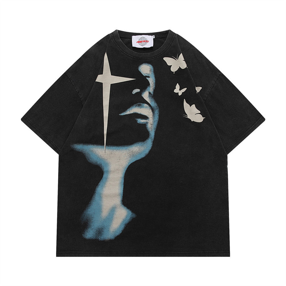 Abstract Cross Print Short Sleeve T-Shirt Men's Street Retro Loose Heavyweight Pure Cotton Vintage Washed Tee