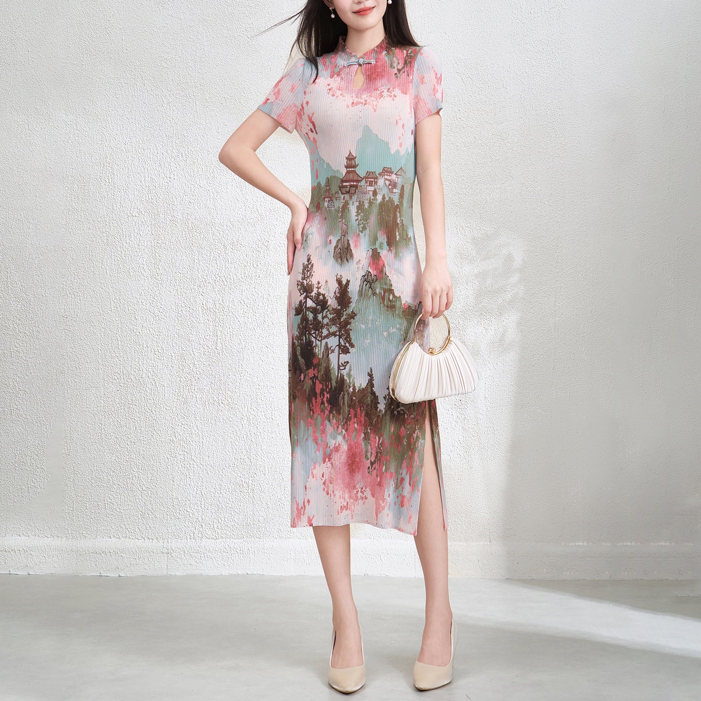 Wrinkled national style elegant slimming printed long skirt