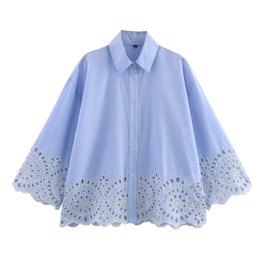 Collar hollow embroidery poplin loose shirt top for women