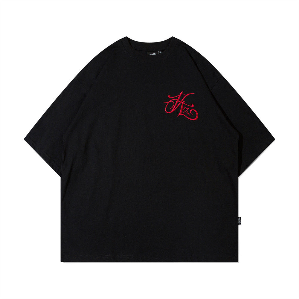 Artistic Letter Embroidery Short Sleeve T-Shirt Men's European and American Style Loose Casual Round Neck Three-Quarter Sleeve Top