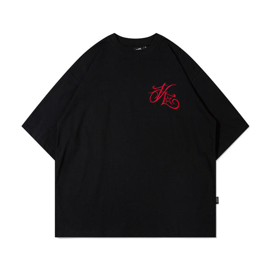 Artistic Letter Embroidery Short Sleeve T-Shirt Men's European and American Style Loose Casual Round Neck Three-Quarter Sleeve Top