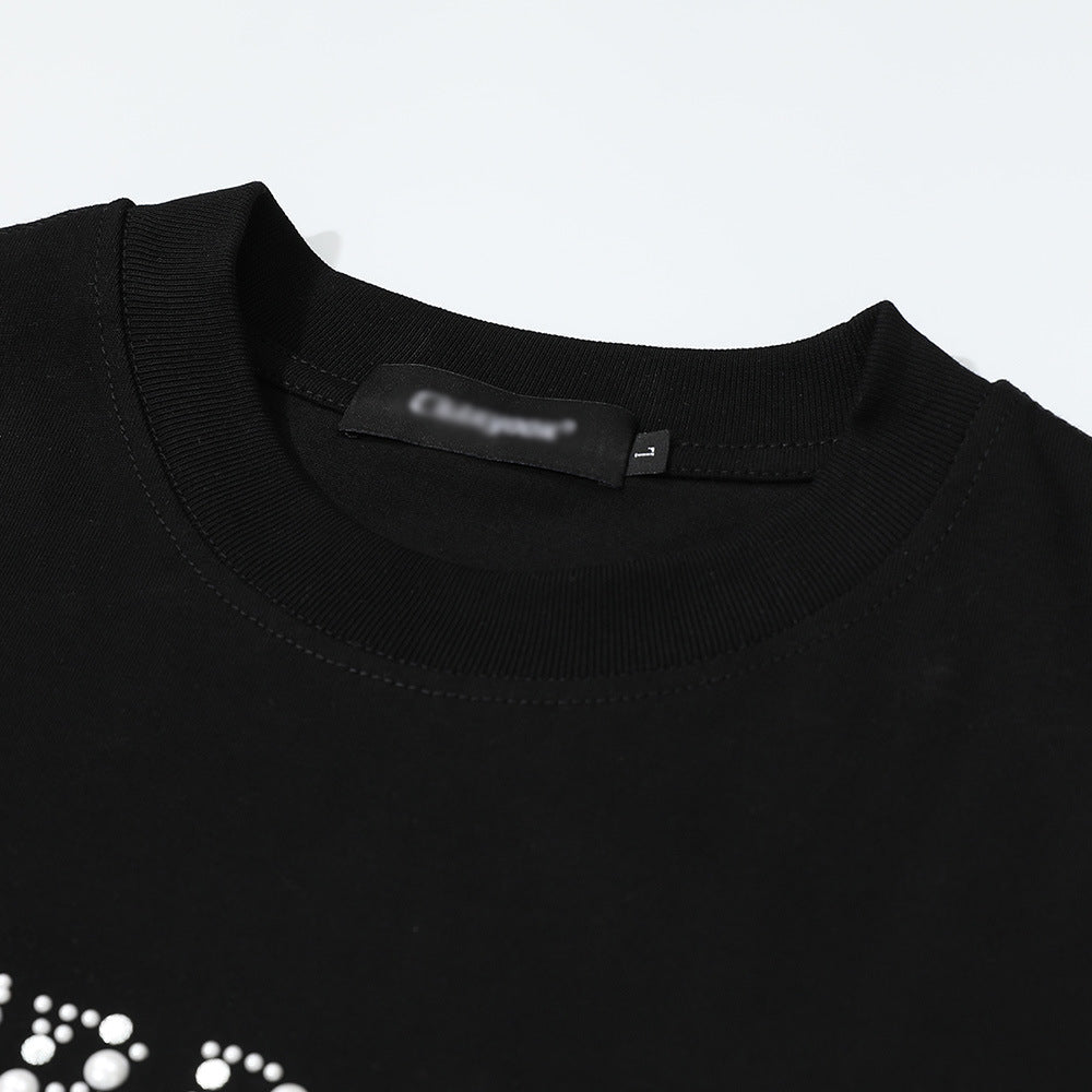 Alphabet Studs Decorated Short Sleeve T-Shirt Men's American Style Pure Cotton Loose Round Neck Half-Sleeve Tee