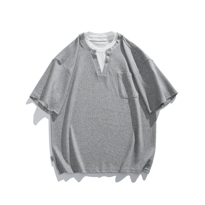 Double collar contrasting fake two piece short sleeved T-shirt