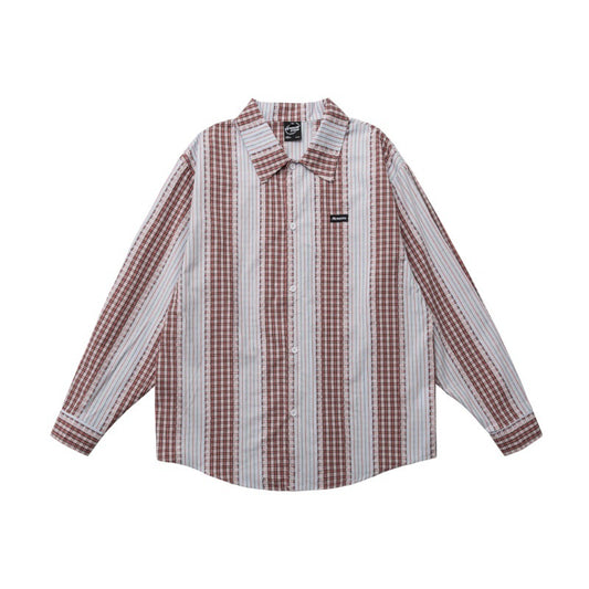 Color blocked fringed plaid long sleeved loose off shoulder shirt