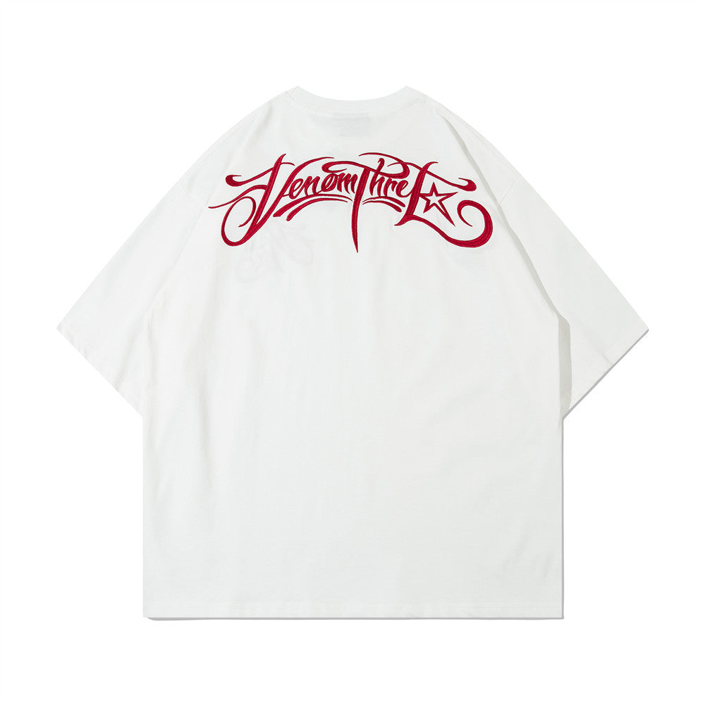 Artistic Letter Embroidery Short Sleeve T-Shirt Men's European and American Style Loose Casual Round Neck Three-Quarter Sleeve Top