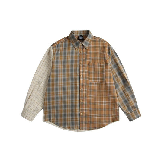 Checkered patchwork shirt men's loose long sleeved shirt