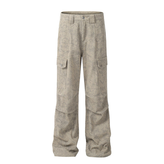 Dark Pattern Tie-Dye Cargo Wide-Leg Pants Men's High Street Trendy Pleated Design Pockets Loose Casual Long Trousers