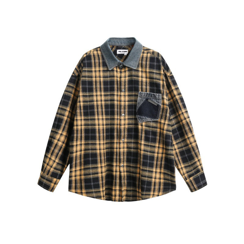 Checkered patchwork long sleeved men's and women's checkered shirt