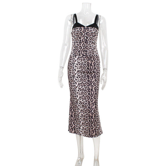 Backless leopard print dress with sleeveless suspender and fishtail skirt