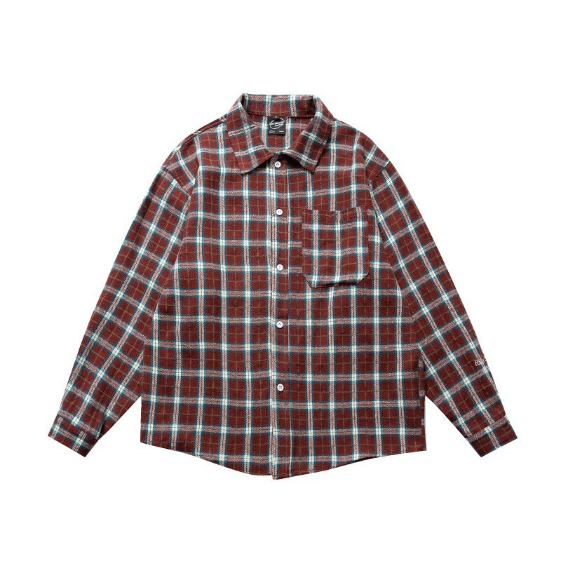 Collar contrasting plaid long sleeved loose shirt