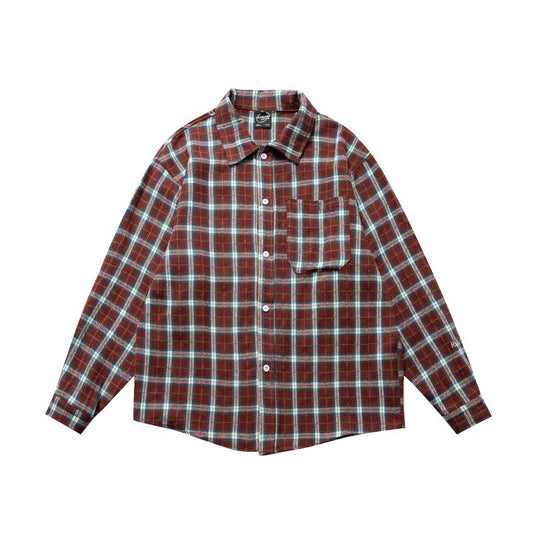 Collar contrasting plaid long sleeved loose shirt