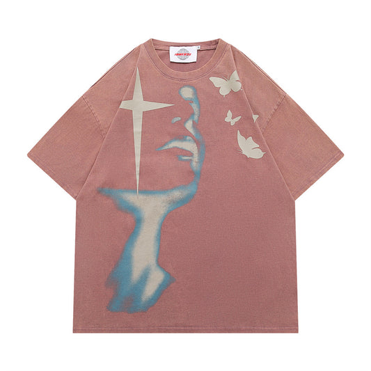 Abstract Cross Print Short Sleeve T-Shirt Men's Street Retro Loose Heavyweight Pure Cotton Vintage Washed Tee