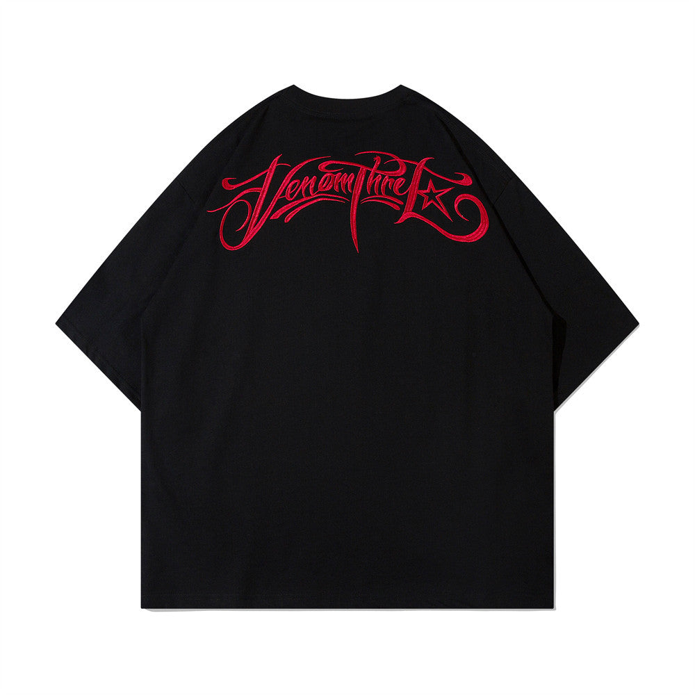 Artistic Letter Embroidery Short Sleeve T-Shirt Men's European and American Style Loose Casual Round Neck Three-Quarter Sleeve Top