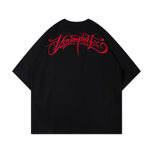 Artistic Letter Embroidery Short Sleeve T-Shirt Men's European and American Style Loose Casual Round Neck Three-Quarter Sleeve Top