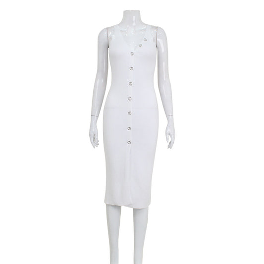 Button V-neck sexy suspender slit dress for women