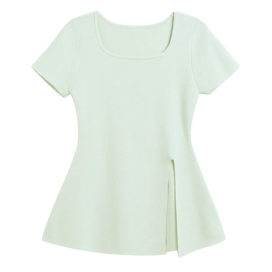 Women's slit T-shirt short sleeved U-neck top