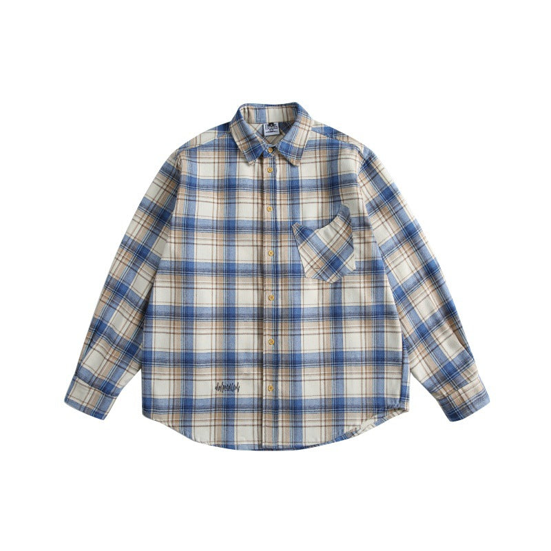 Checkered long sleeved men's loose casual shirt