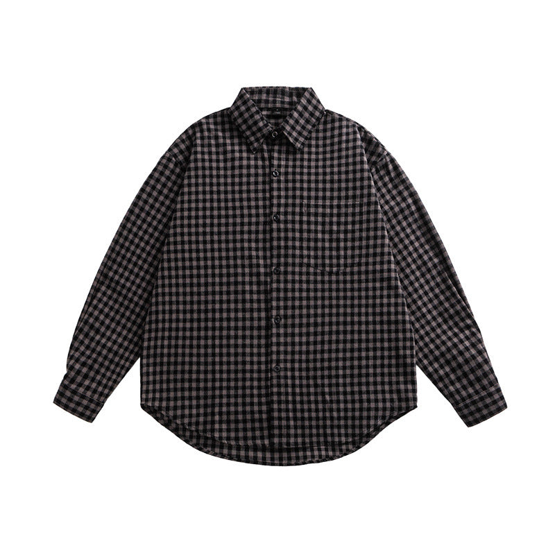 Checkered long sleeved lapel loose casual shirt