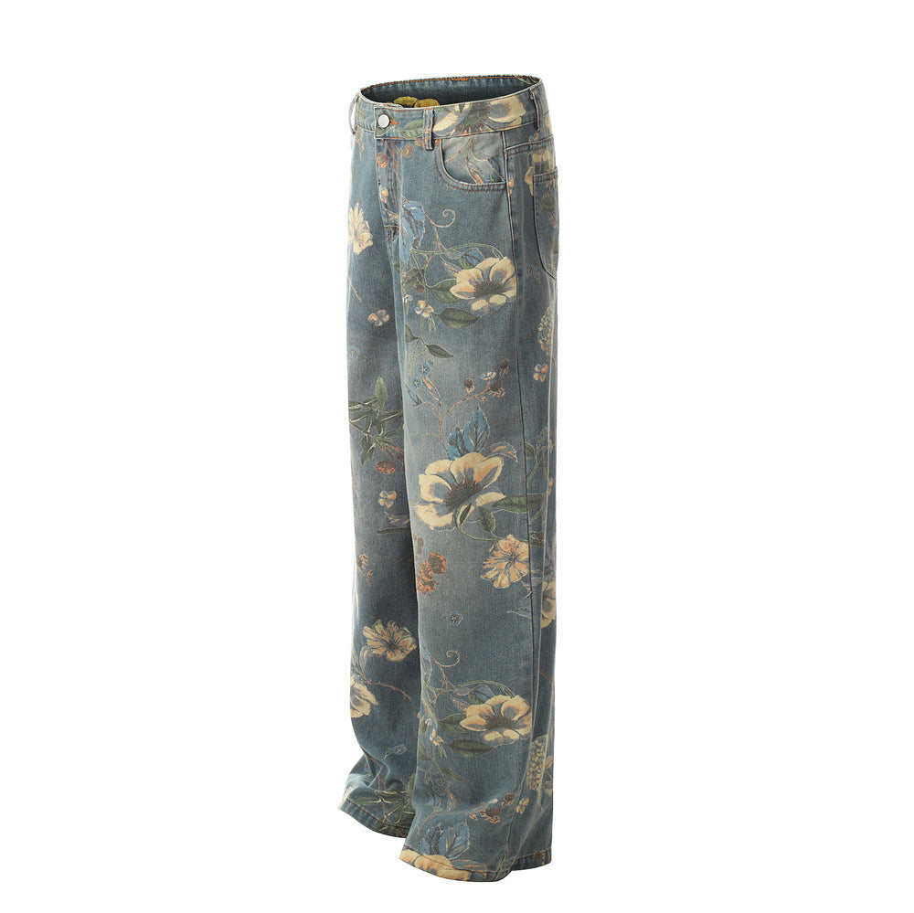 Full-Print Floral Design Loose Wide-Leg Denim Trousers for Men and Women, Vibe European and American Trendy Floor-Length Dad Pants