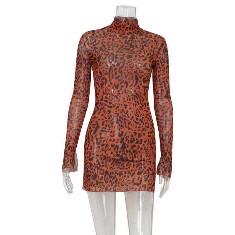 Classic leopard print high neck long sleeved sexy slit spicy girl dress