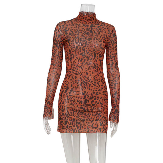 Classic leopard print high neck long sleeved sexy slit spicy girl dress