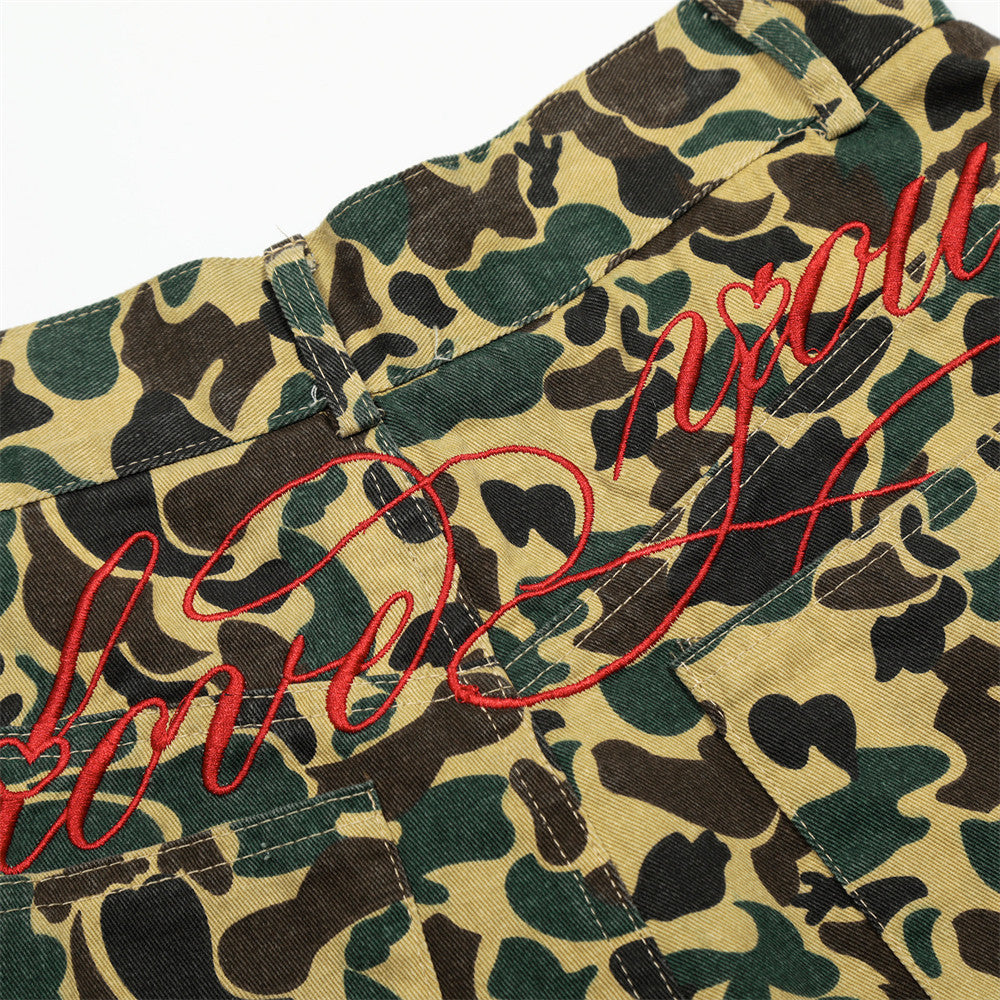 Camouflage Tiger Pattern Work Shorts Men's European and American Trendy Design Embroidered Letter Knife Loose Casual Five-Point Pants