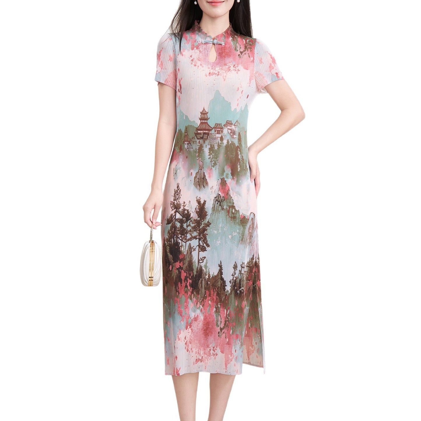 Wrinkled national style elegant slimming printed long skirt