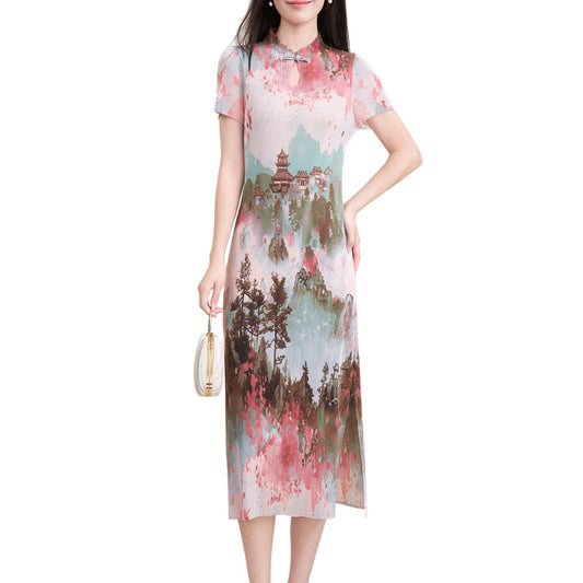 Wrinkled national style elegant slimming printed long skirt