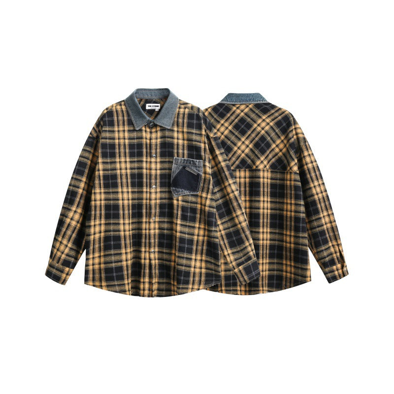 Checkered patchwork long sleeved men's and women's checkered shirt