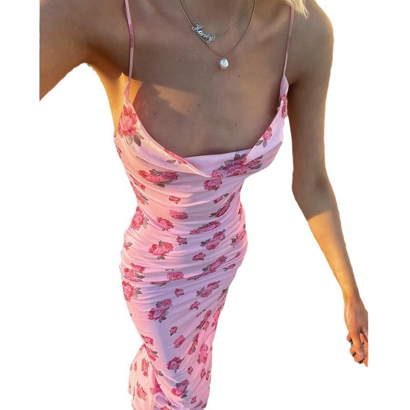Backless rose print long dress seaside vacation style slim fit U-neck temperament dress