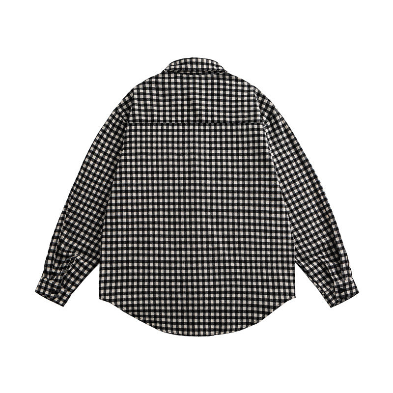 Checkered long sleeved lapel loose casual shirt