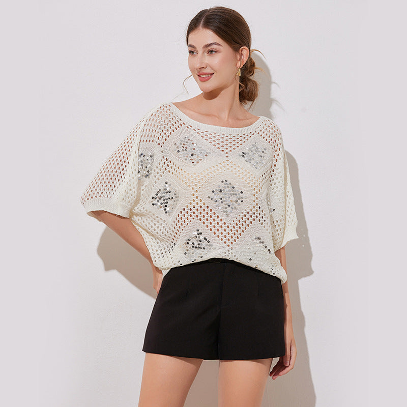 Bat sleeve T-shirt with hollowed out sequin top