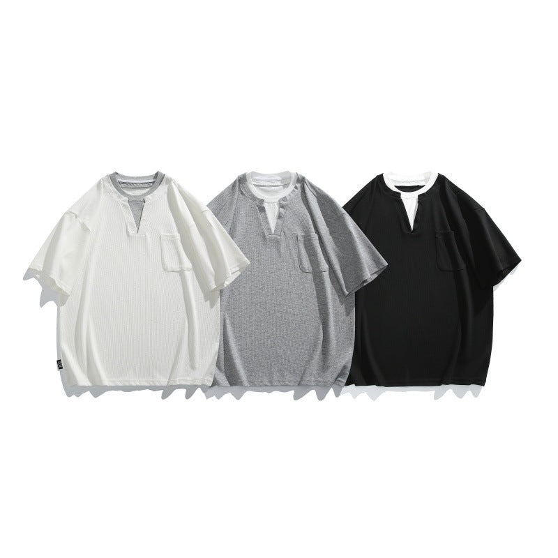 Double collar contrasting fake two piece short sleeved T-shirt