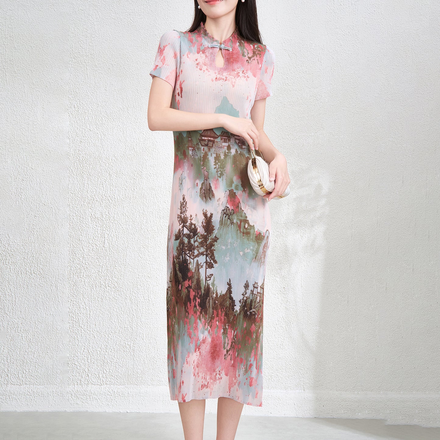 Wrinkled national style elegant slimming printed long skirt