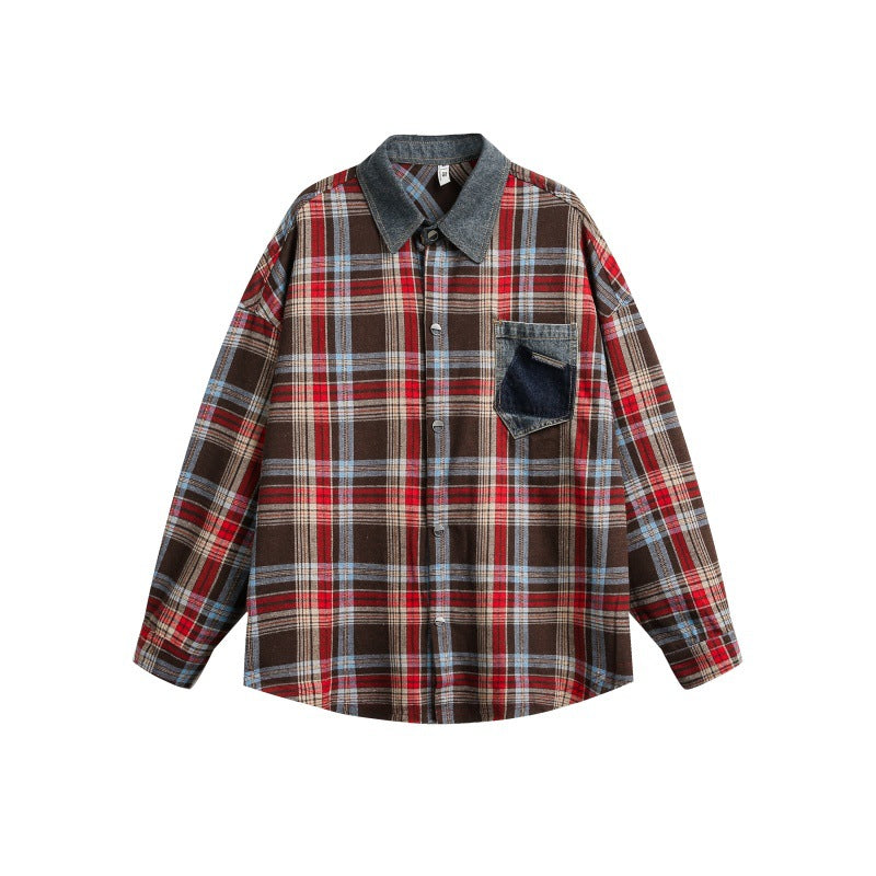 Checkered patchwork long sleeved men's and women's checkered shirt