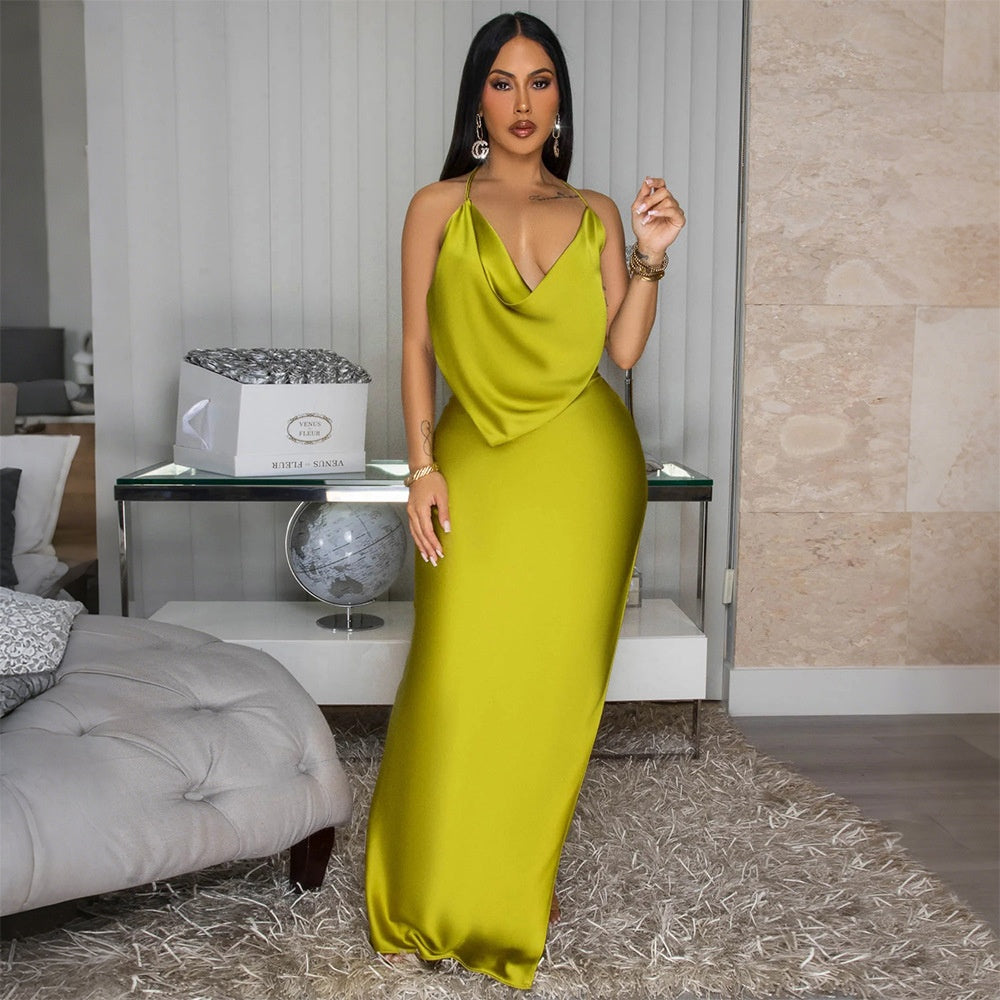 Backless Long Dress for Women - Sexy Deep V-Neck