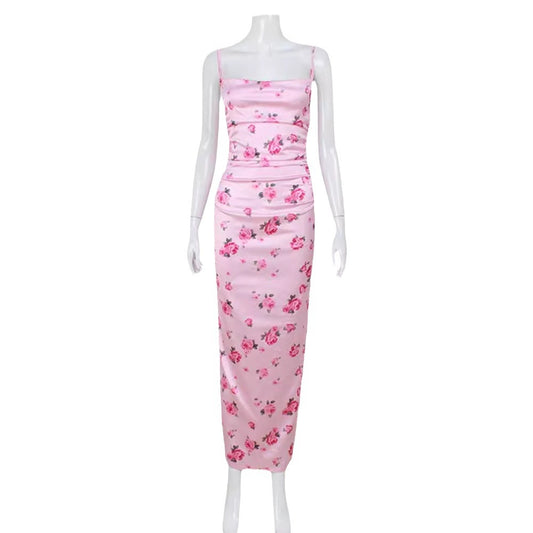 Backless rose print long dress seaside vacation style slim fit U-neck temperament dress