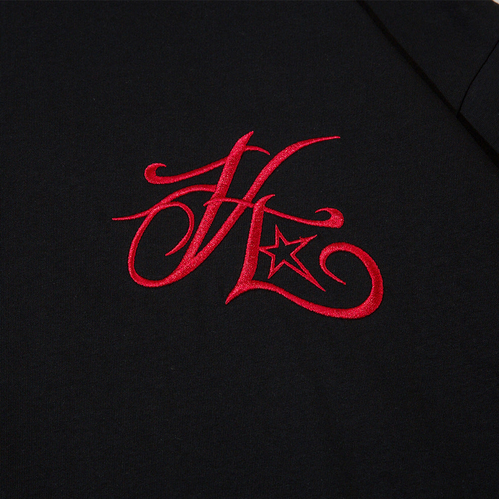 Artistic Letter Embroidery Short Sleeve T-Shirt Men's European and American Style Loose Casual Round Neck Three-Quarter Sleeve Top