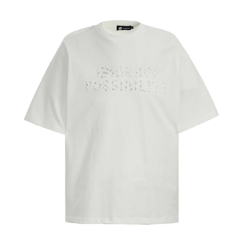 Alphabet Studs Decorated Short Sleeve T-Shirt Men's American Style Pure Cotton Loose Round Neck Half-Sleeve Tee