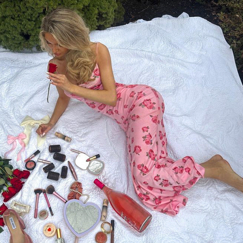 Backless rose print long dress seaside vacation style slim fit U-neck temperament dress
