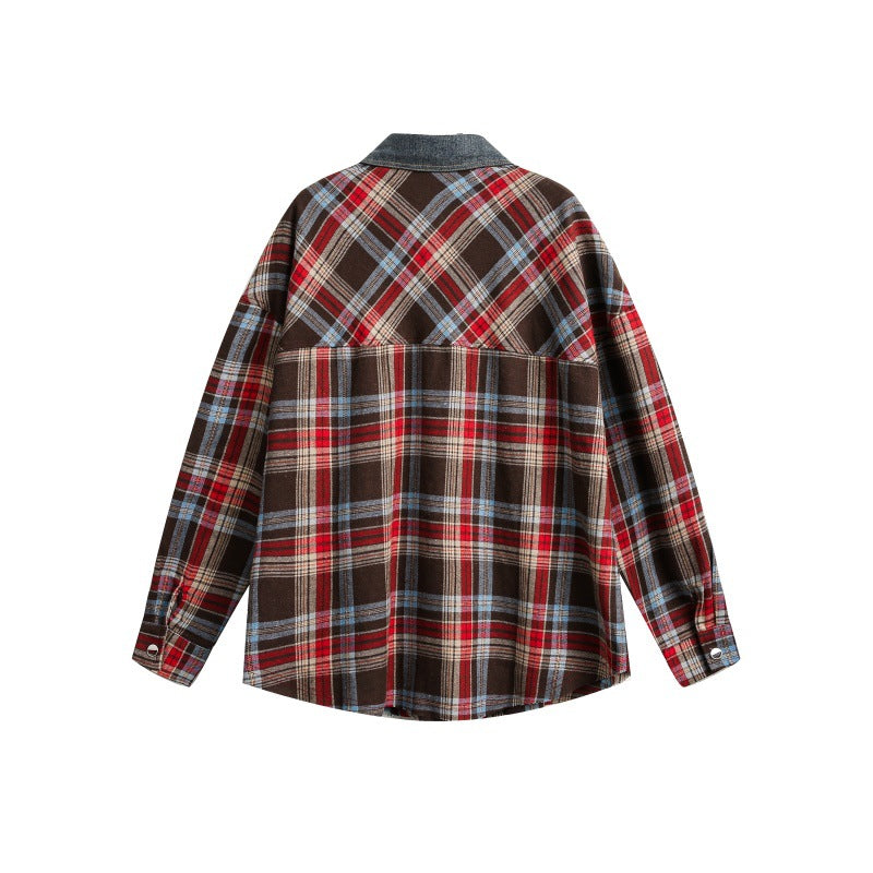 Checkered patchwork long sleeved men's and women's checkered shirt
